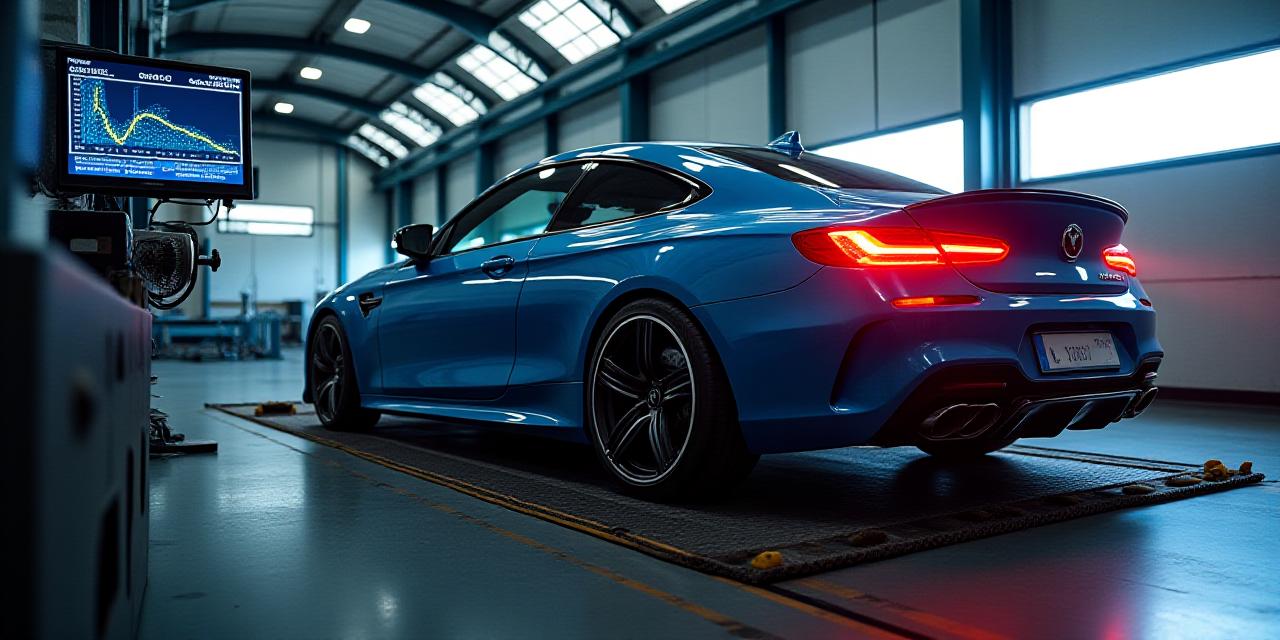Coche de alto rendimiento siendo probado en el dinamómetro con gráficos en pantalla
